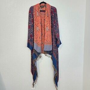 Lola P Woman 1X Blue Orange Floral Print‎ Kimono Cardigan Duster Fringe Shawl